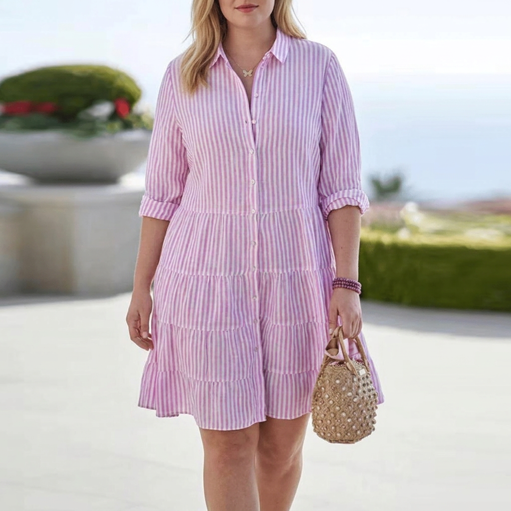 Sienna | Women's Linen Stripe Tiered Shirt Dress - Plus size model