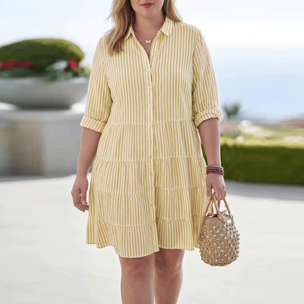 Sienna | Women's Linen Stripe Tiered Shirt Dress - Plus size model