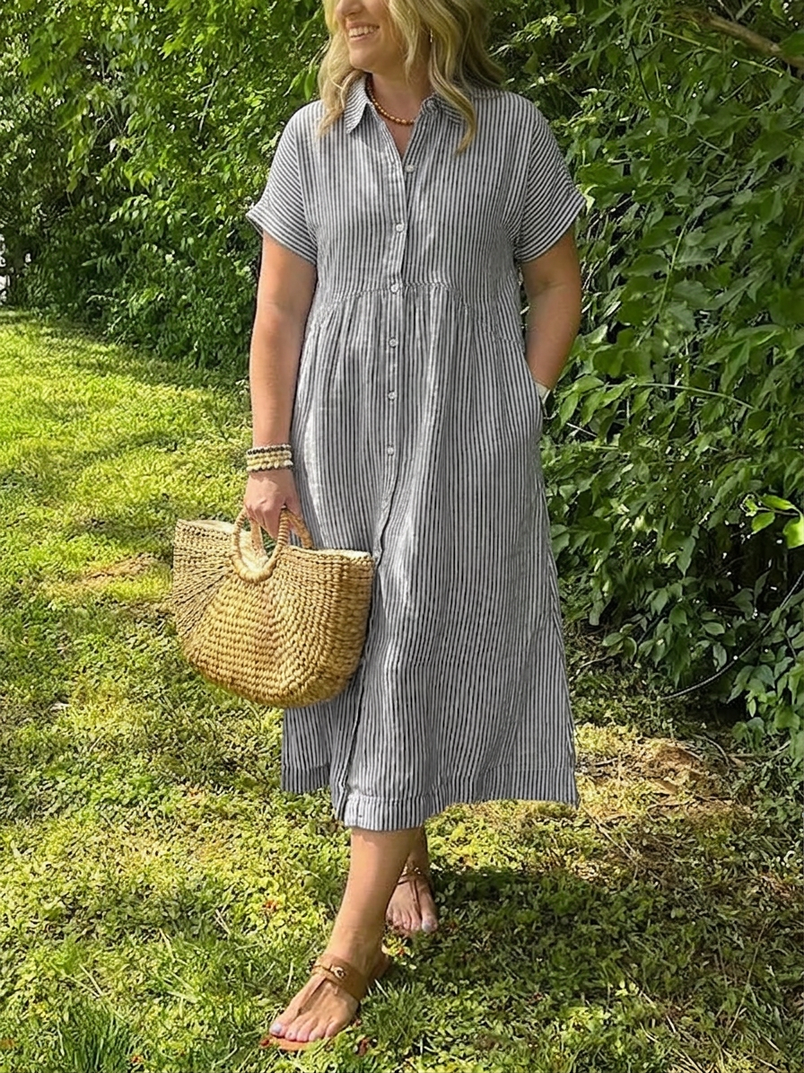 Sloane | Women's Linen Stripe Button-Down Short Sleeve Midi Dress - Plus size model