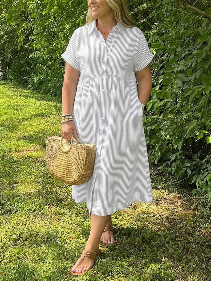 Sloane | Women's Linen Stripe Button-Down Short Sleeve Midi Dress - Plus size model