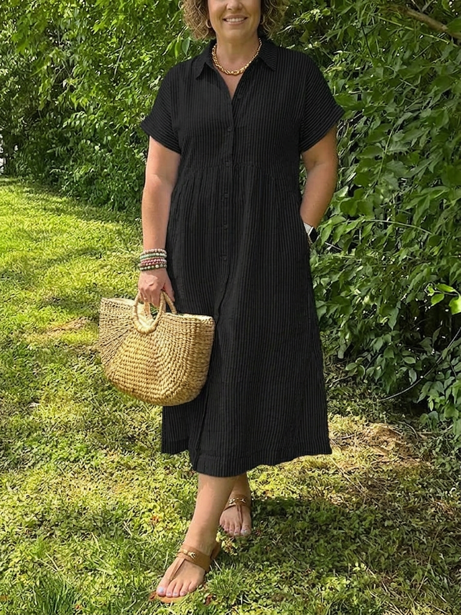 Sloane | Women's Linen Stripe Button-Down Short Sleeve Midi Dress - Plus size model