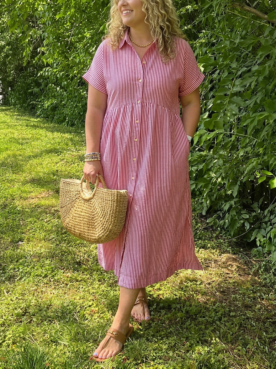 Sloane | Women's Linen Stripe Button-Down Short Sleeve Midi Dress - Plus size model
