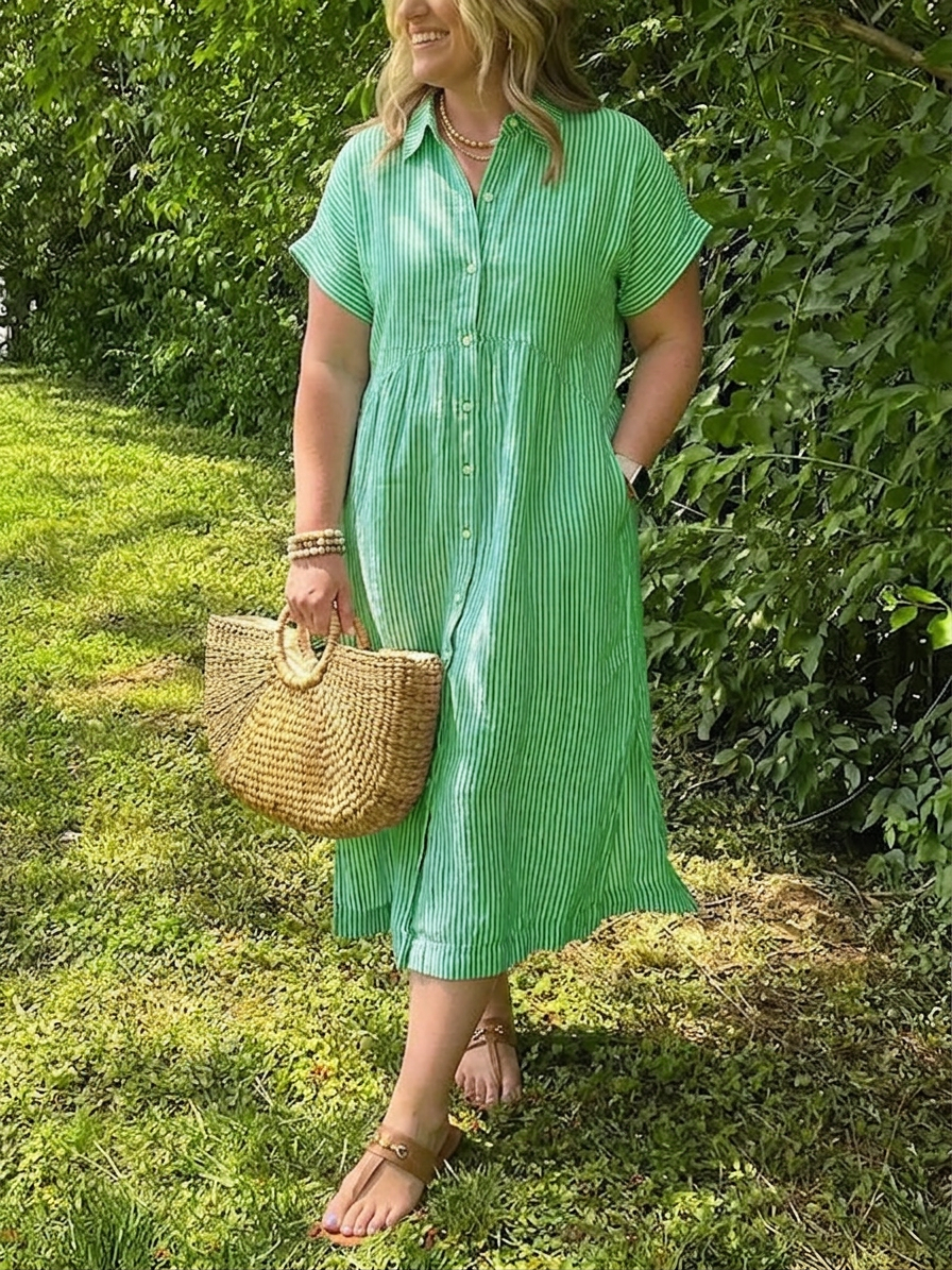 Sloane | Women's Linen Stripe Button-Down Short Sleeve Midi Dress - Plus size model