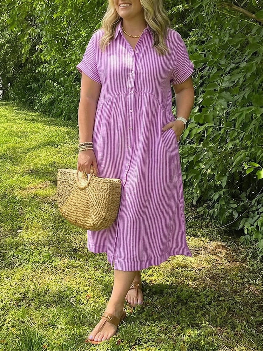 Sloane | Women's Linen Stripe Button-Down Short Sleeve Midi Dress - Plus size model