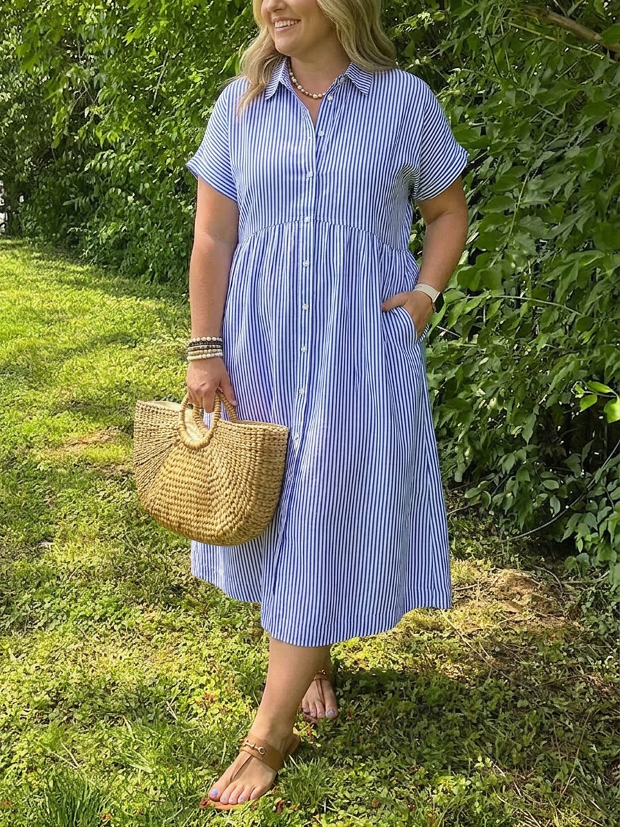 Sloane | Women's Linen Stripe Button-Down Short Sleeve Midi Dress - Plus size model