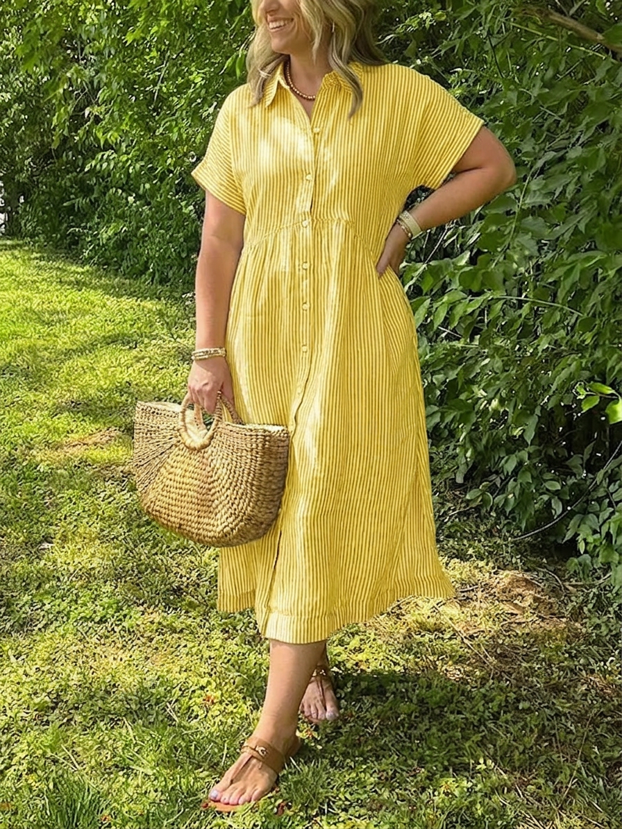 Sloane | Women's Linen Stripe Button-Down Short Sleeve Midi Dress - Plus size model