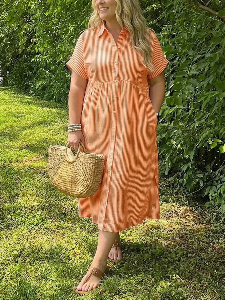 Sloane | Women's Linen Stripe Button-Down Short Sleeve Midi Dress - Plus size model