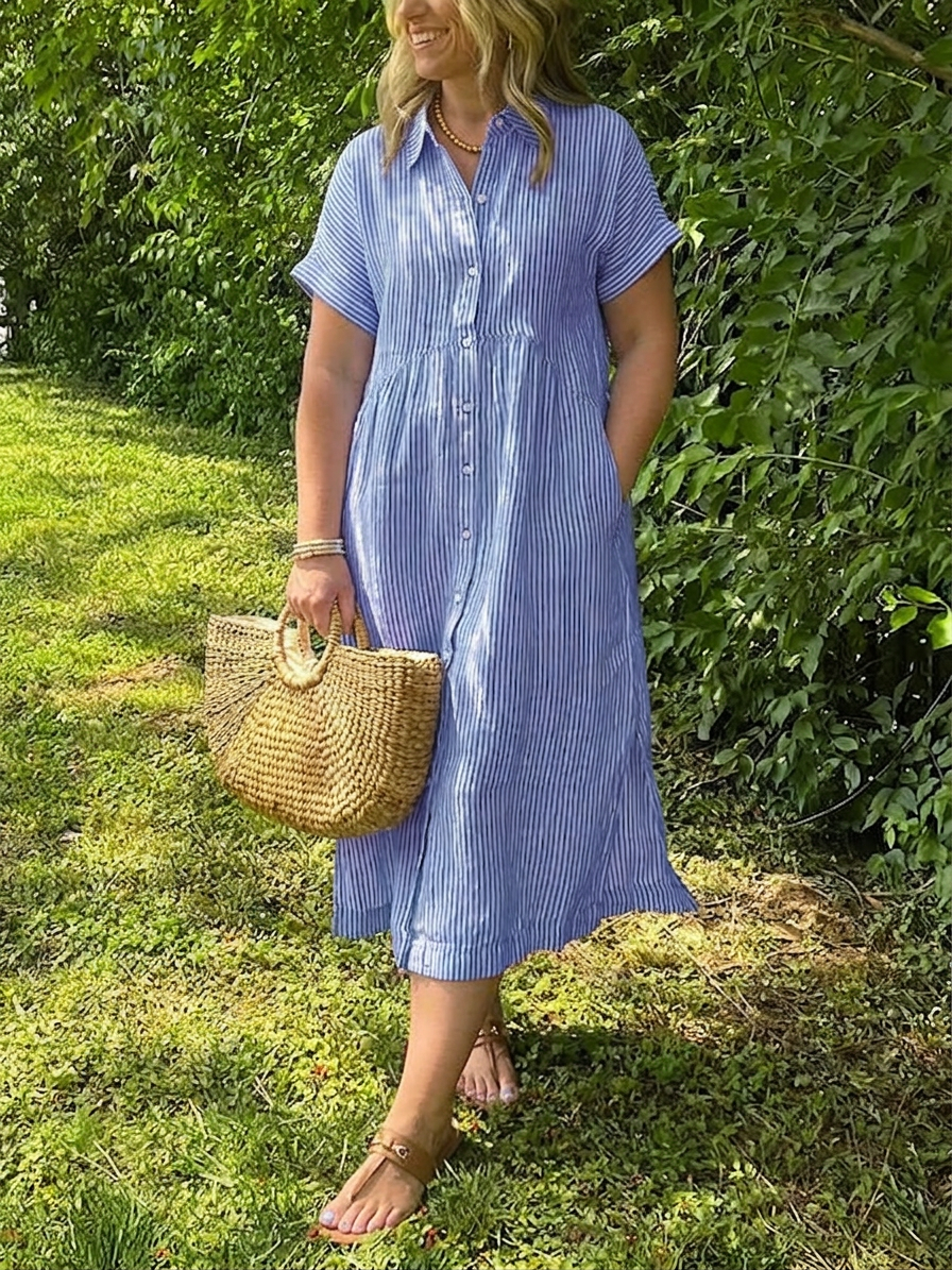 Sloane | Women's Linen Stripe Button-Down Short Sleeve Midi Dress - Plus size model