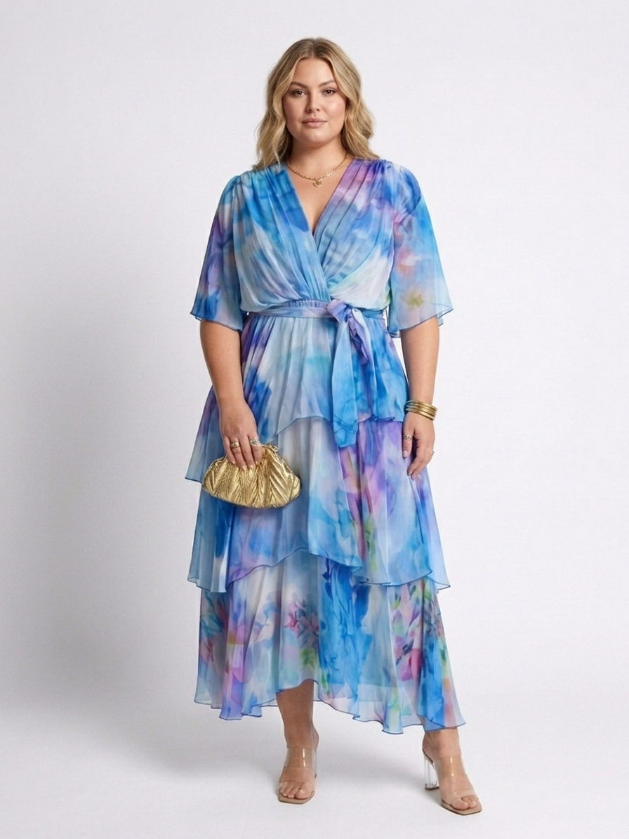 Calista | Sheer Layered V Neck Tie Waist Maxi Dress - Plus size model