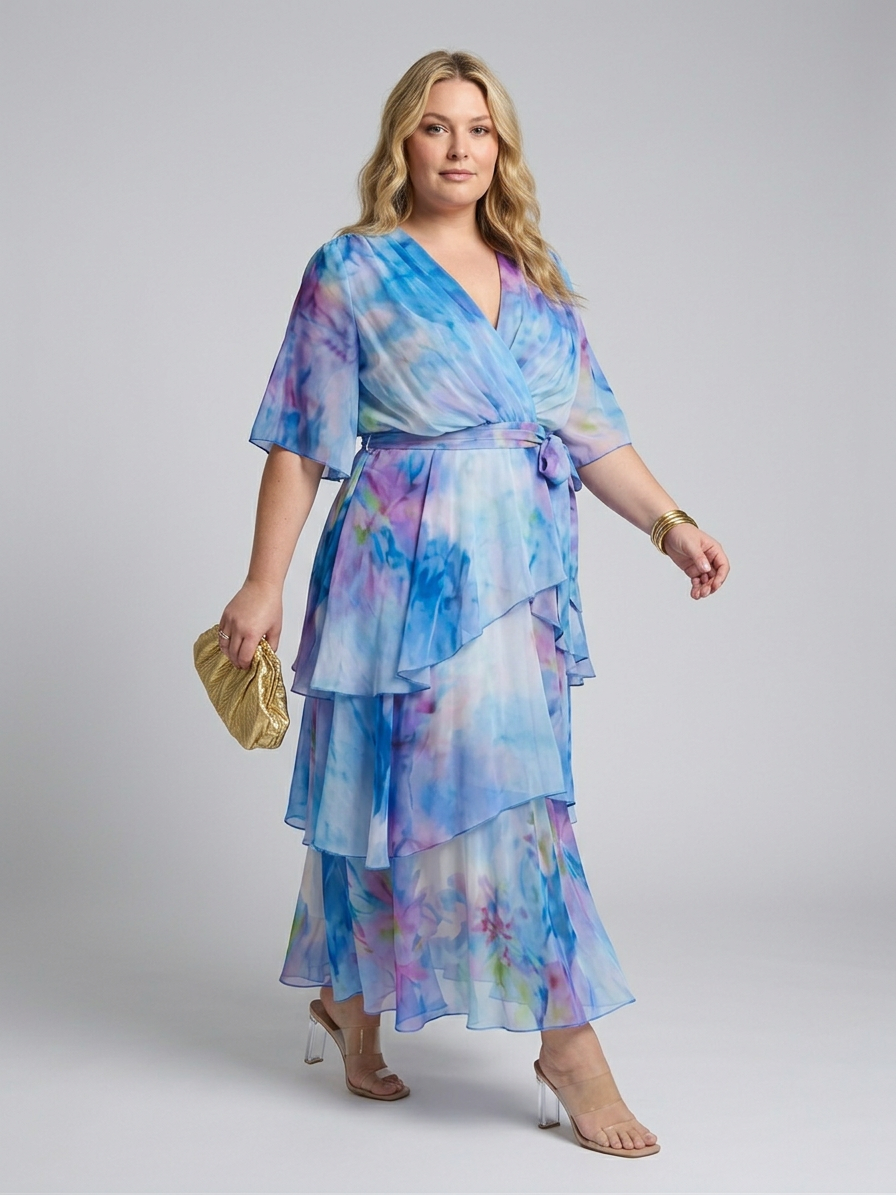 Calista | Sheer Layered V Neck Tie Waist Maxi Dress - Plus size model