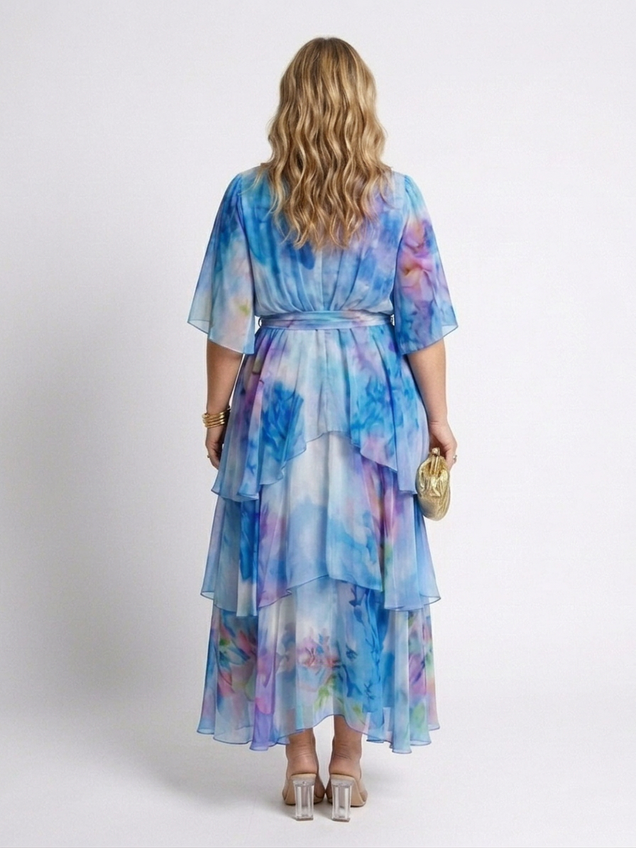 Calista | Sheer Layered V Neck Tie Waist Maxi Dress - Plus size model