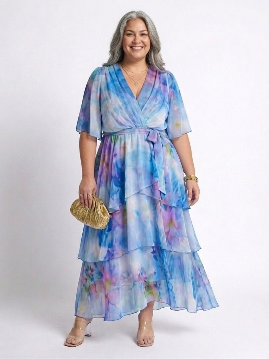 Calista | Sheer Layered V Neck Tie Waist Maxi Dress - Plus size model