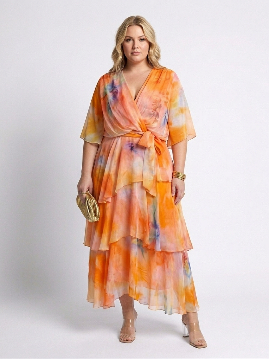 Calista | Sheer Layered V Neck Tie Waist Maxi Dress - Plus size model