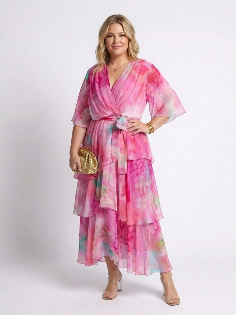 Calista | Sheer Layered V Neck Tie Waist Maxi Dress - Plus size model