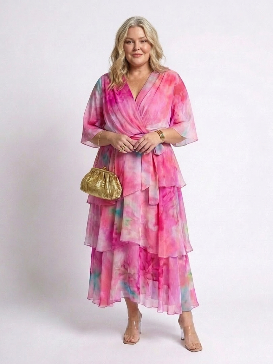 Calista | Sheer Layered V Neck Tie Waist Maxi Dress - Plus size model