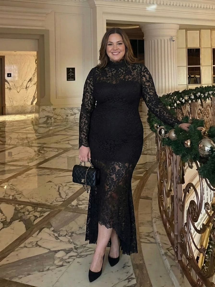 Margaret | Midi lace dress with high collar and long sleeves - Plus size model