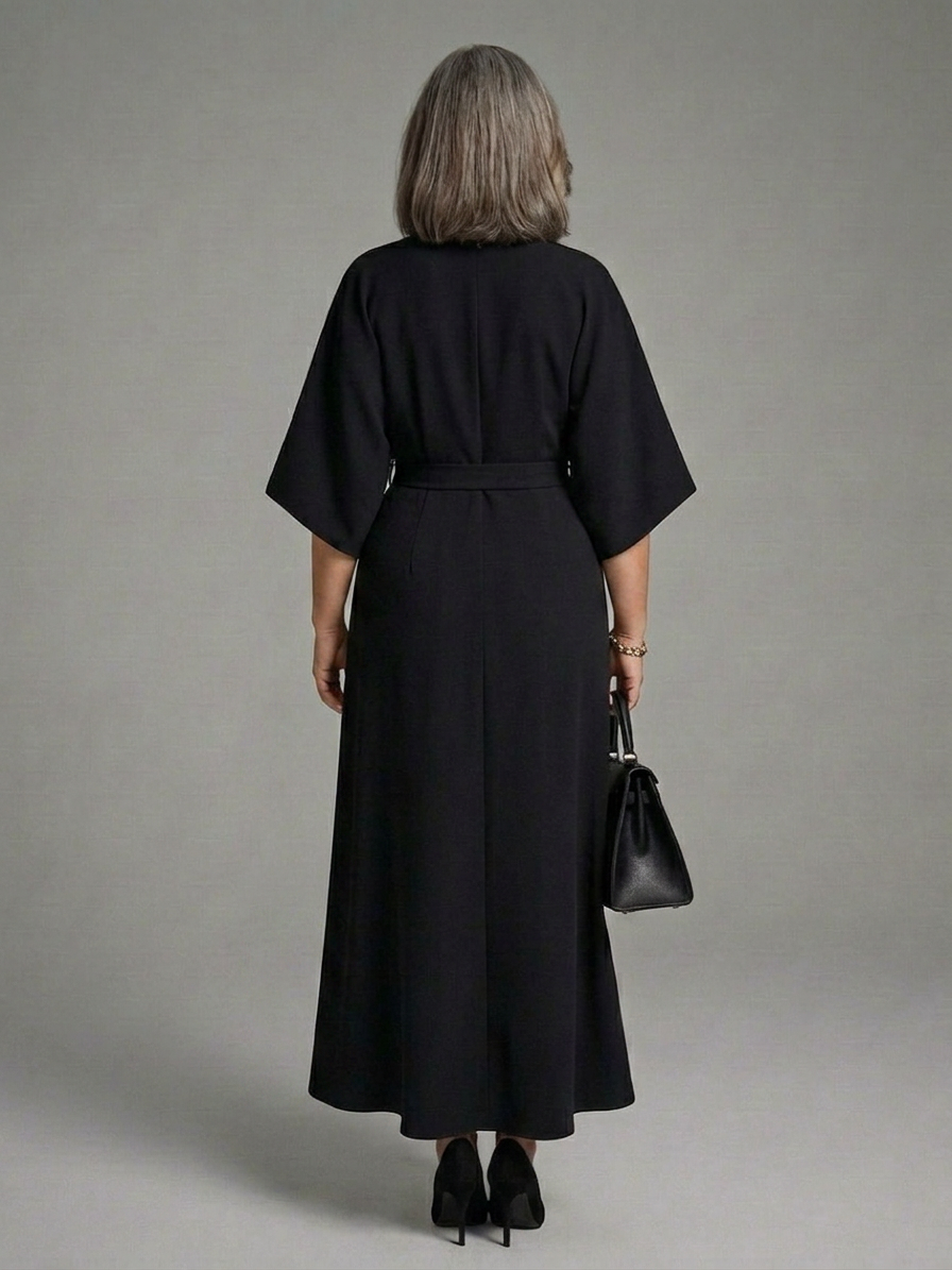 Sirenetta | Asymmetrical Midi Dress with Coat Sleeve and Defined Waist - Plus size model