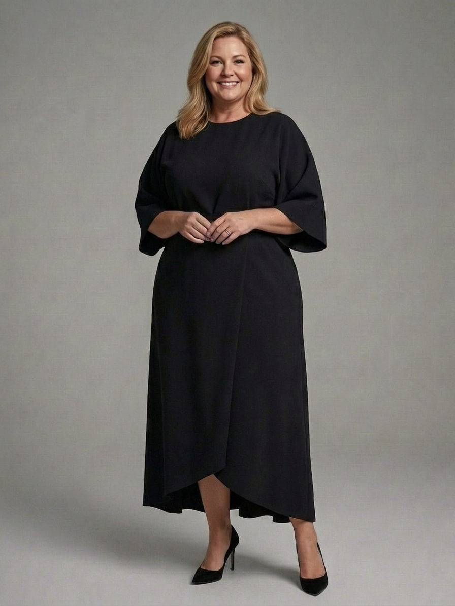 Sirenetta | Asymmetrical Midi Dress with Coat Sleeve and Defined Waist - Plus size model