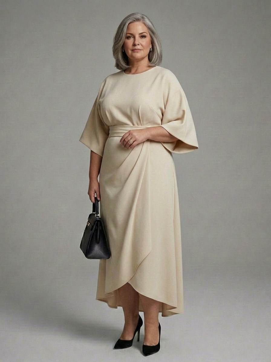 Sirenetta | Asymmetrical Midi Dress with Coat Sleeve and Defined Waist - Plus size model