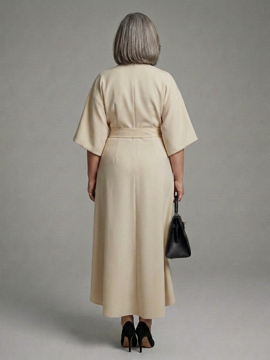 Sirenetta | Asymmetrical Midi Dress with Coat Sleeve and Defined Waist - Plus size model