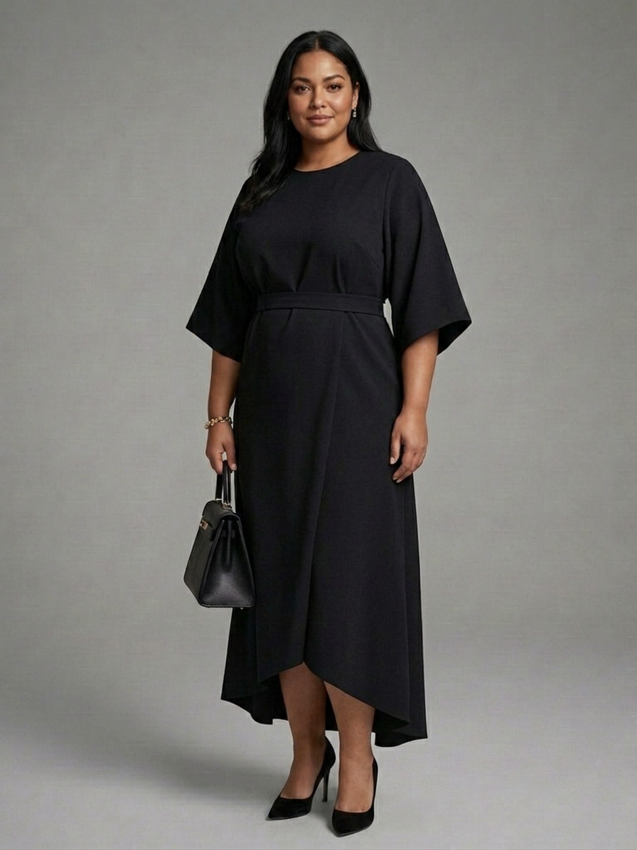 Sirenetta | Asymmetrical Midi Dress with Coat Sleeve and Defined Waist - Plus size model