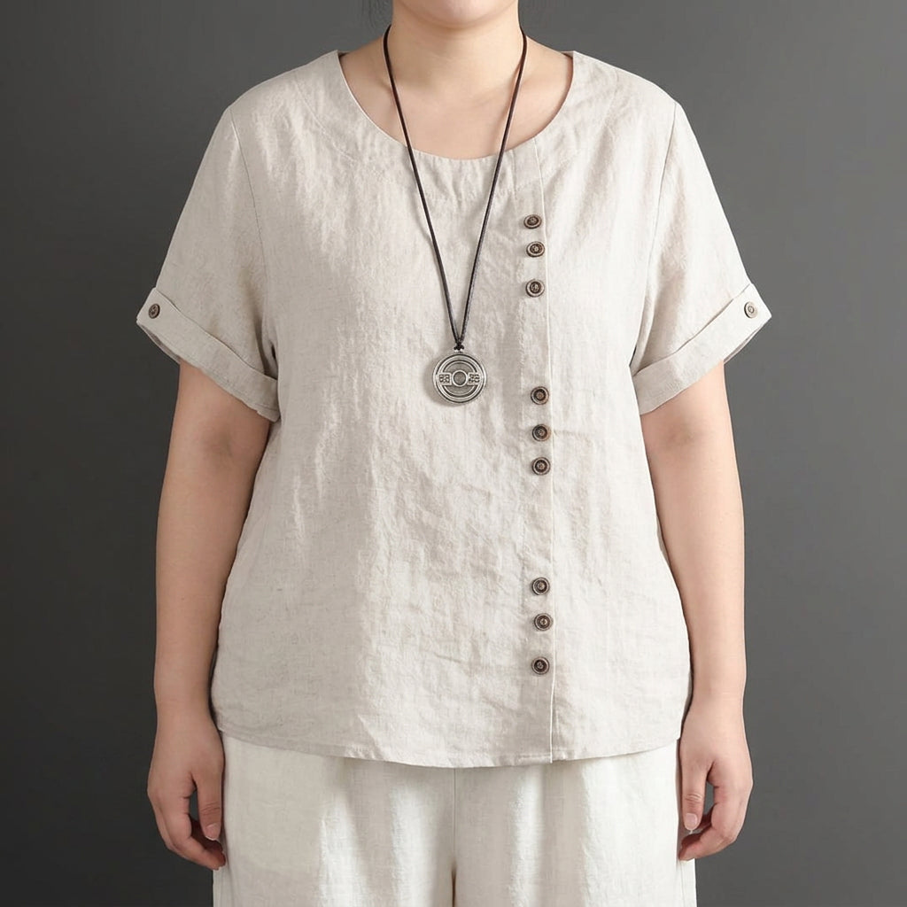 Joline round neck button-up T-shirt - Plus size model