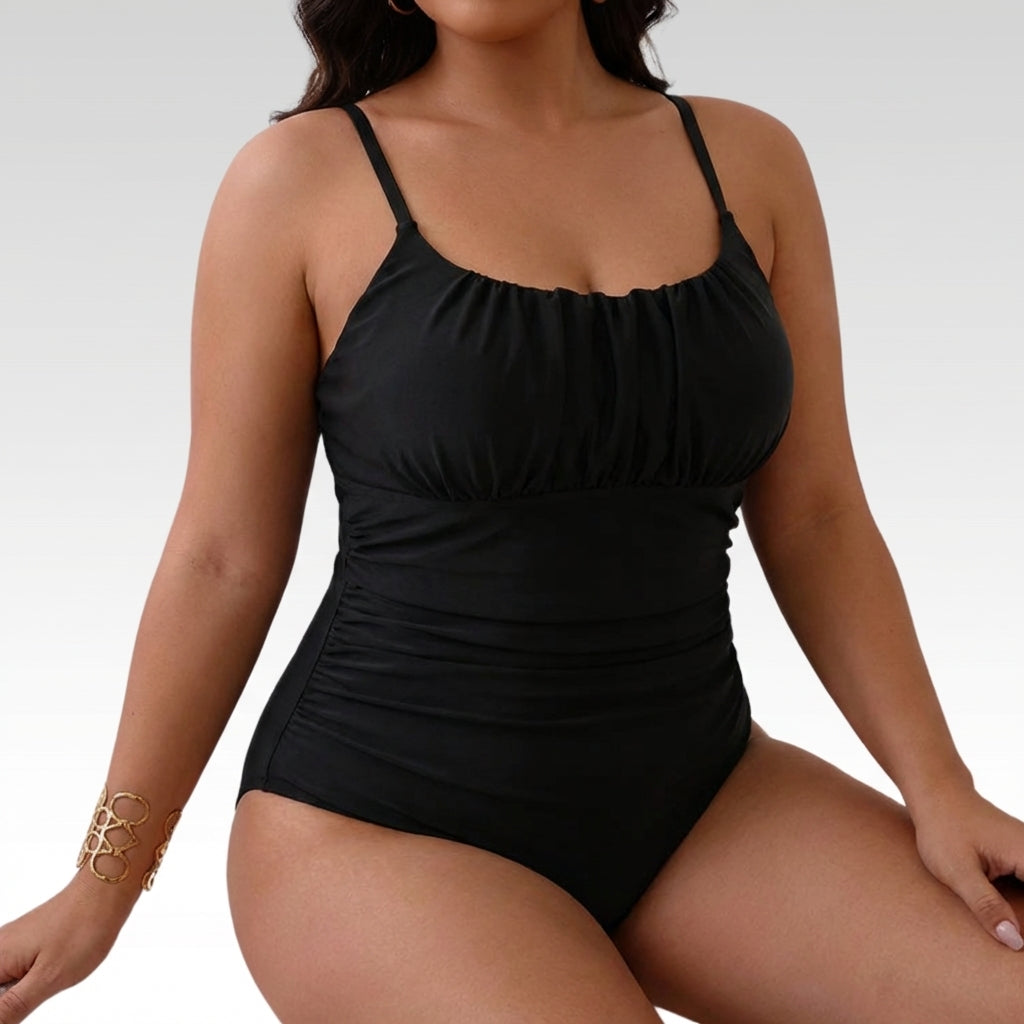 Leona | Your elegant tummy-control monokini in black - Plus size model
