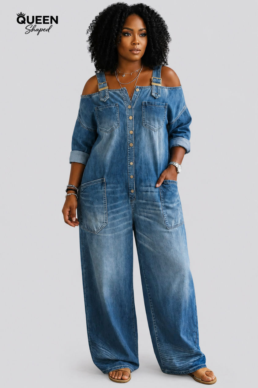 Stephanie | Off Shoulder Denim Shirt Jumpsuit