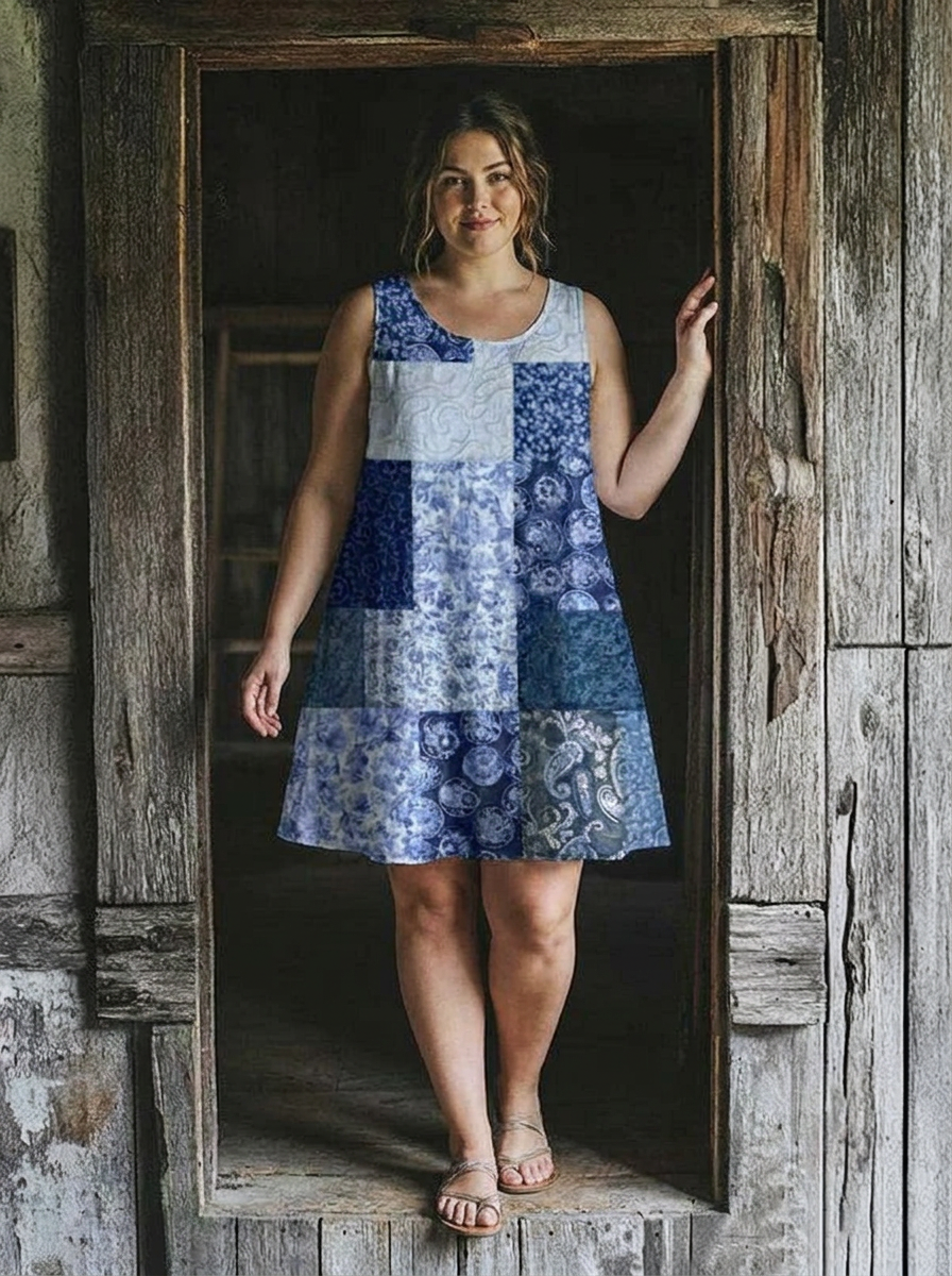 Blair - Vintage Patchwork Linen Dress - Plus size model