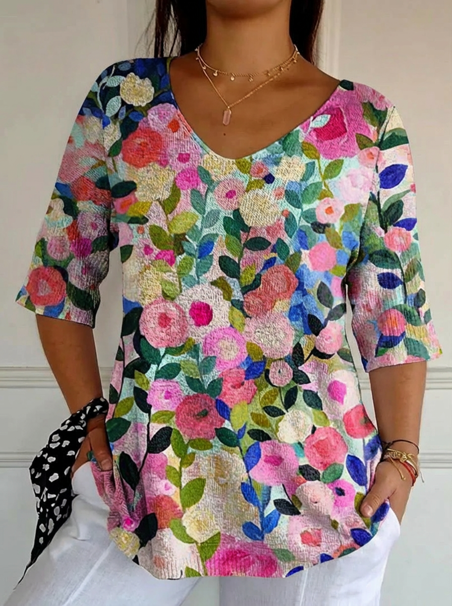 Colorful Spring Floral Garden Printed Women's Casual Pullover Knit - Plus size model