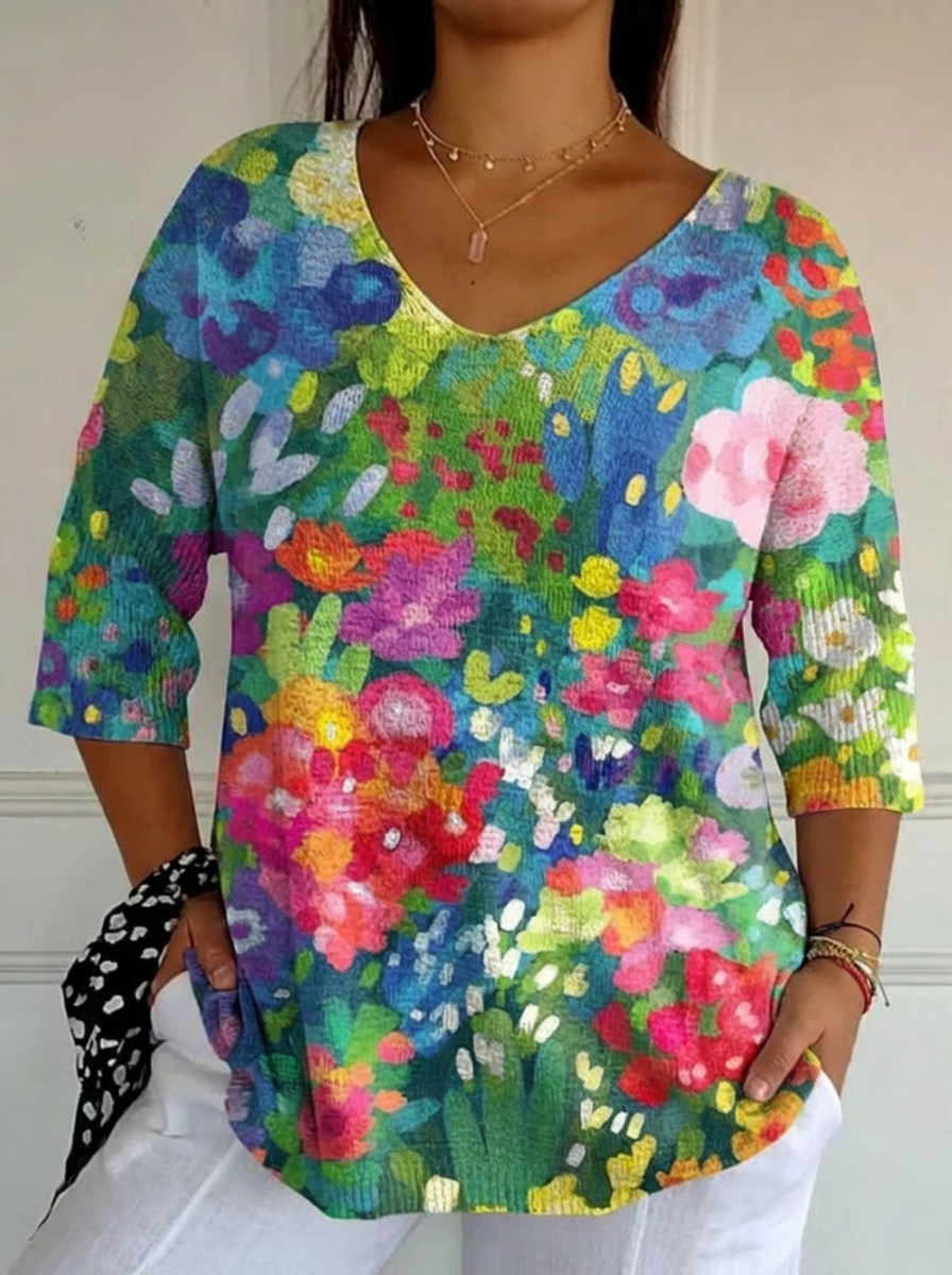 Women's Vintage Lovely Floral Art Print Casual Pullover Knit - Plus size model
