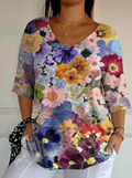 Women's Vintage Lovely Floral Art Print Casual Pullover Knit - Plus size model