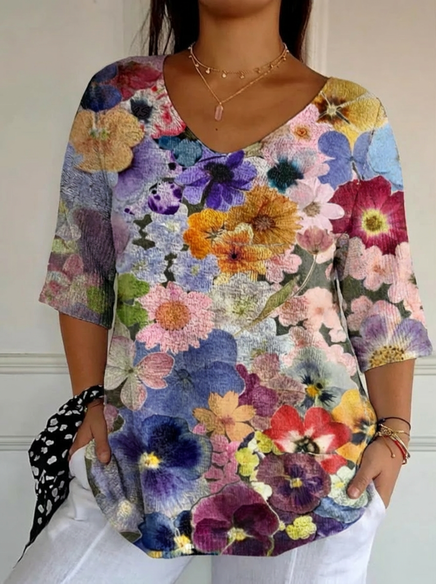 Women's Vintage Lovely Floral Art Print Casual Pullover Knit - Plus size model