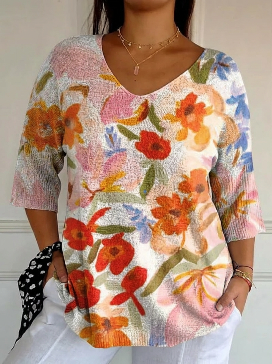 Women's Vintage Art Floral Casual Pullover Knit - Plus size model