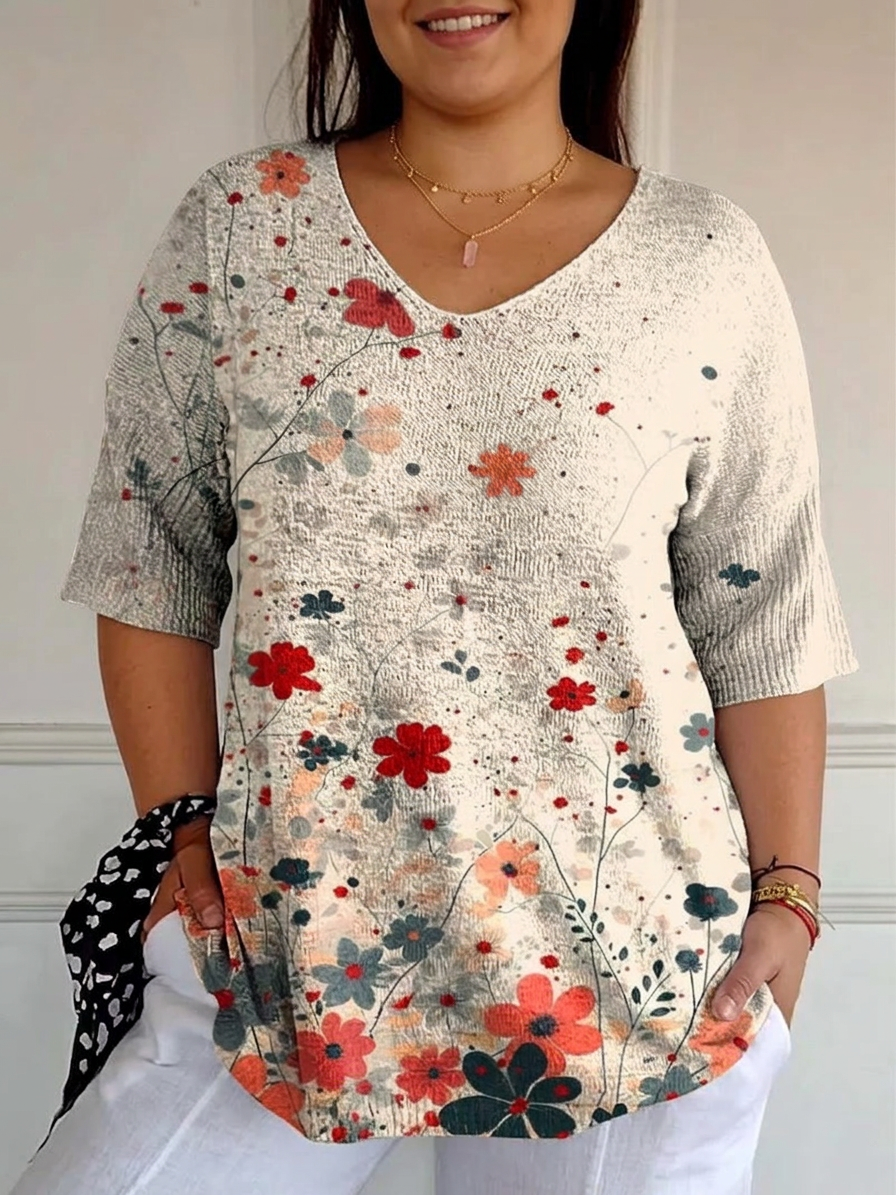 Women's Vintage Floral Pattern Art Print Casual Knit Pullover - Plus size model