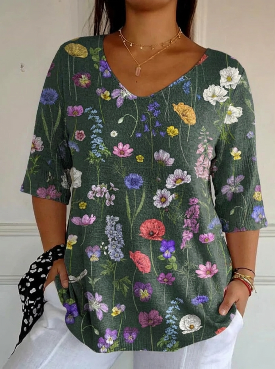 Vibrant Spring Botanical Garden Pattern Printed Women's Casual Pullover Knit - Plus size model