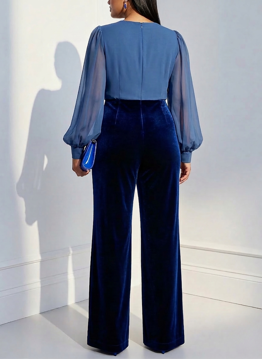 Blue mesh V-neck long sleeve velvet jumpsuit - Plus size model
