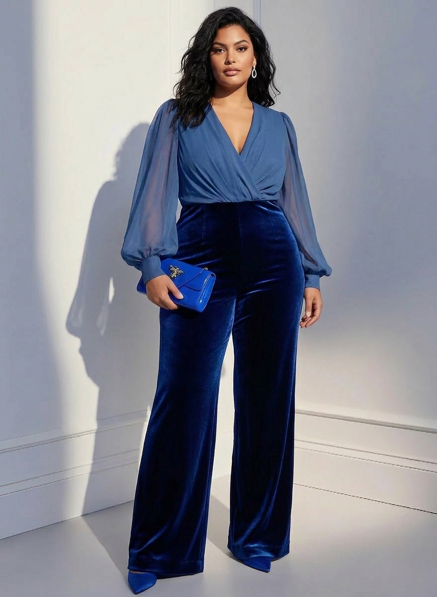 Blue mesh V-neck long sleeve velvet jumpsuit - Plus size model