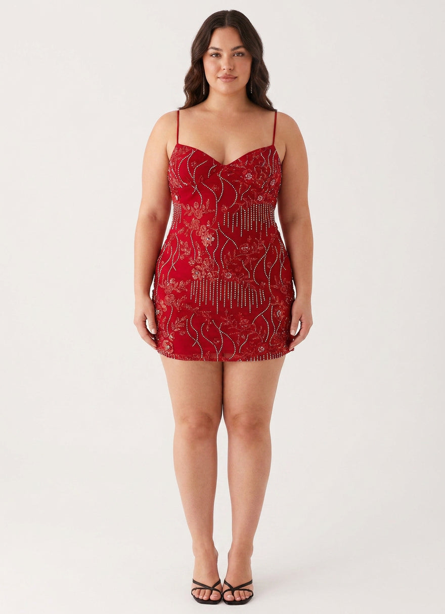 Veron - Sparkling Beaded Mini Dress - Plus size model