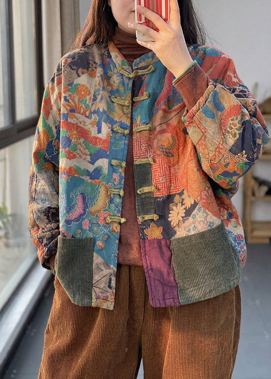 Aria - Vintage Red Pockets Button Print Fall Long sleeve Coat - Plus size model