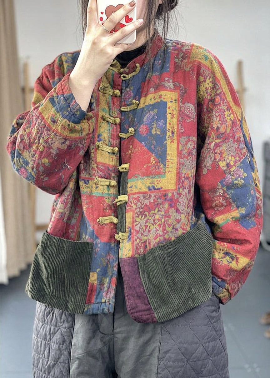 Aria - Vintage Red Pockets Button Print Fall Long sleeve Coat - Plus size model
