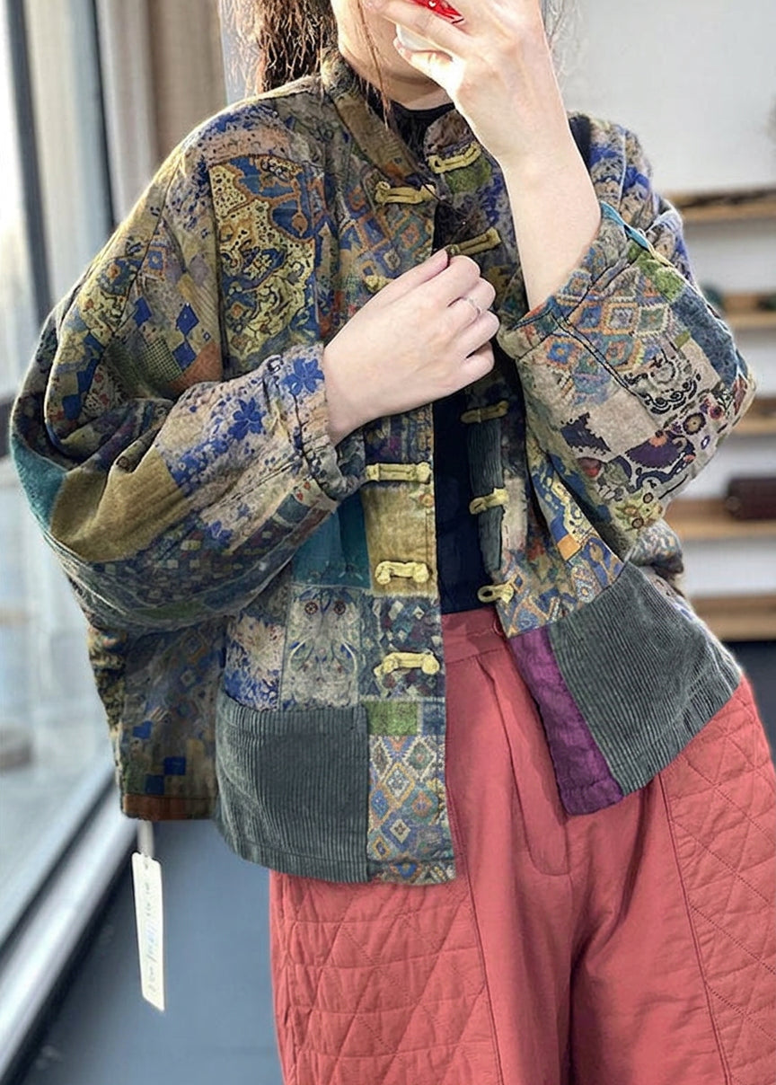 Aria - Vintage Red Pockets Button Print Fall Long sleeve Coat - Plus size model