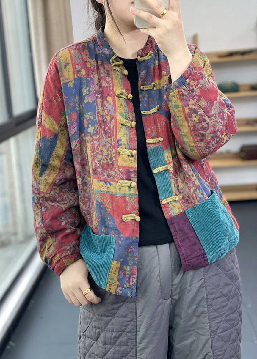 Aria - Vintage Red Pockets Button Print Fall Long sleeve Coat - Plus size model