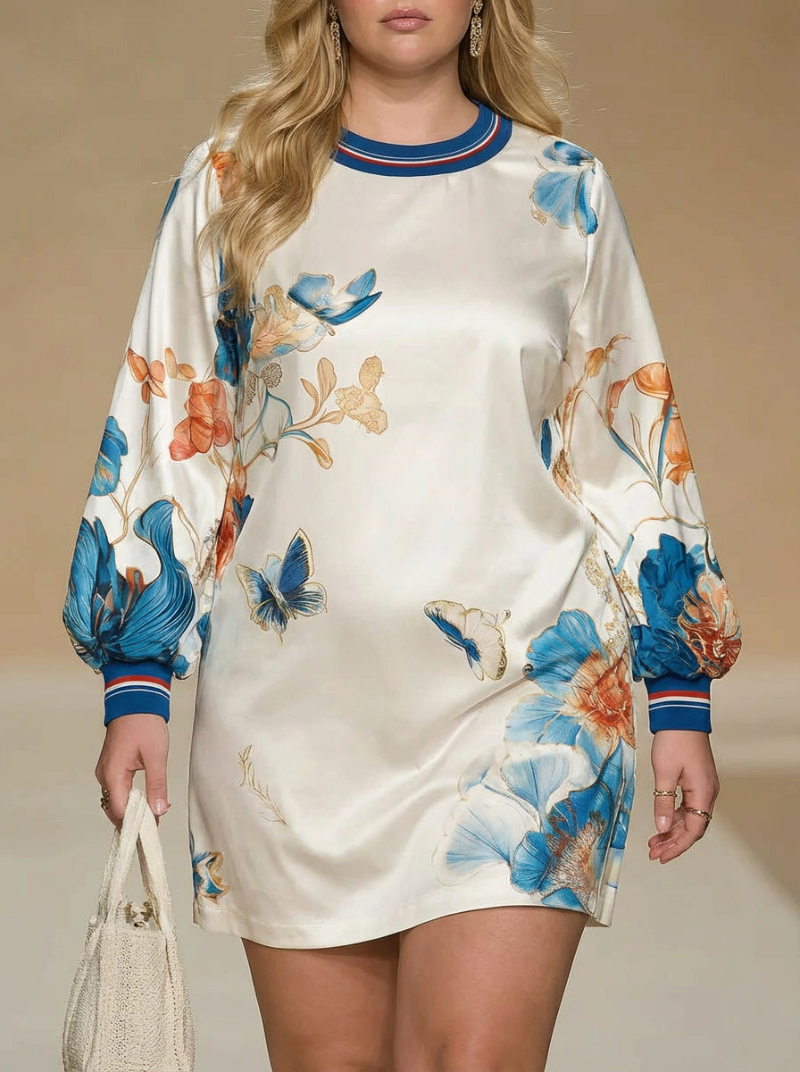 Vintage Style Court Inspired Floral Print Satin Mini Dress - Plus size model