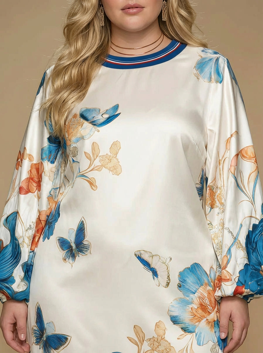 Vintage Style Court Inspired Floral Print Satin Mini Dress - Plus size model