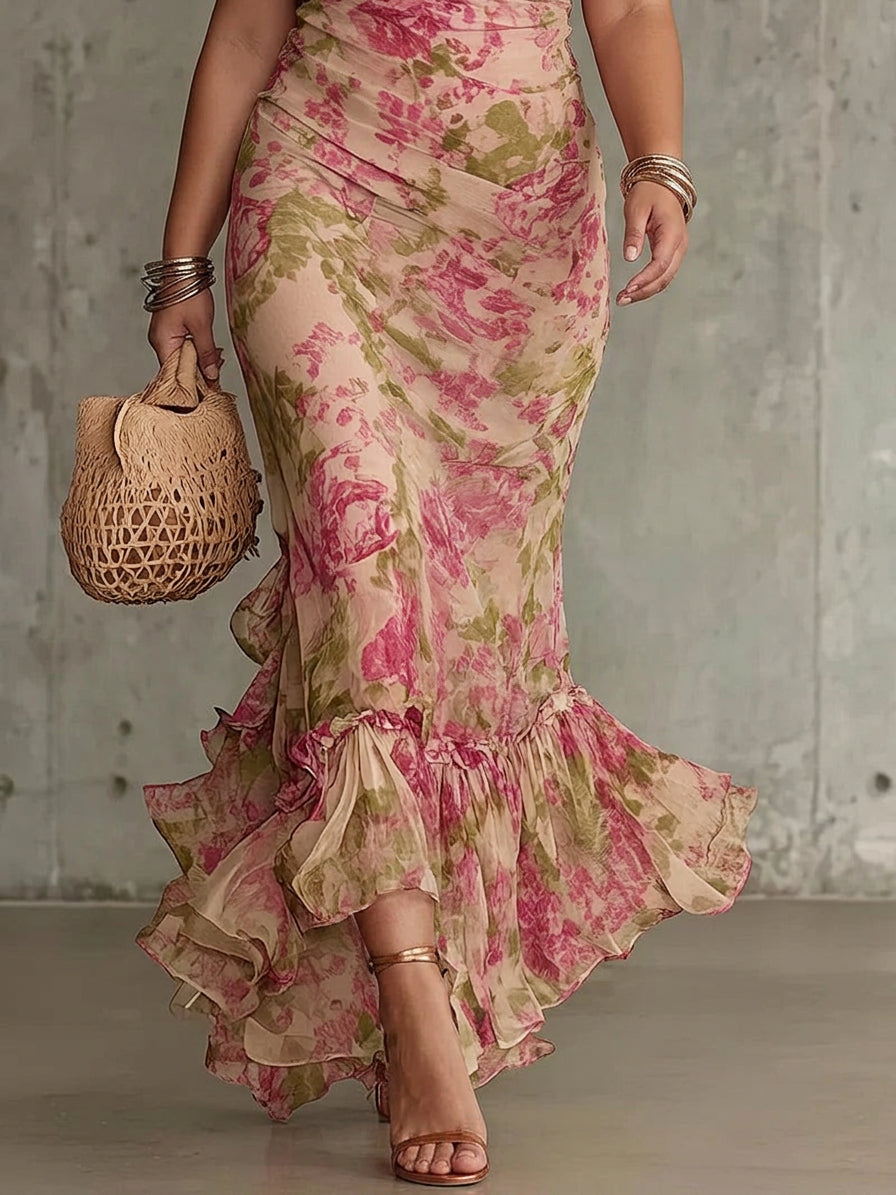 Mae | Vintage Rose Print Puff Sleeve Maxi Dress - Plus size model