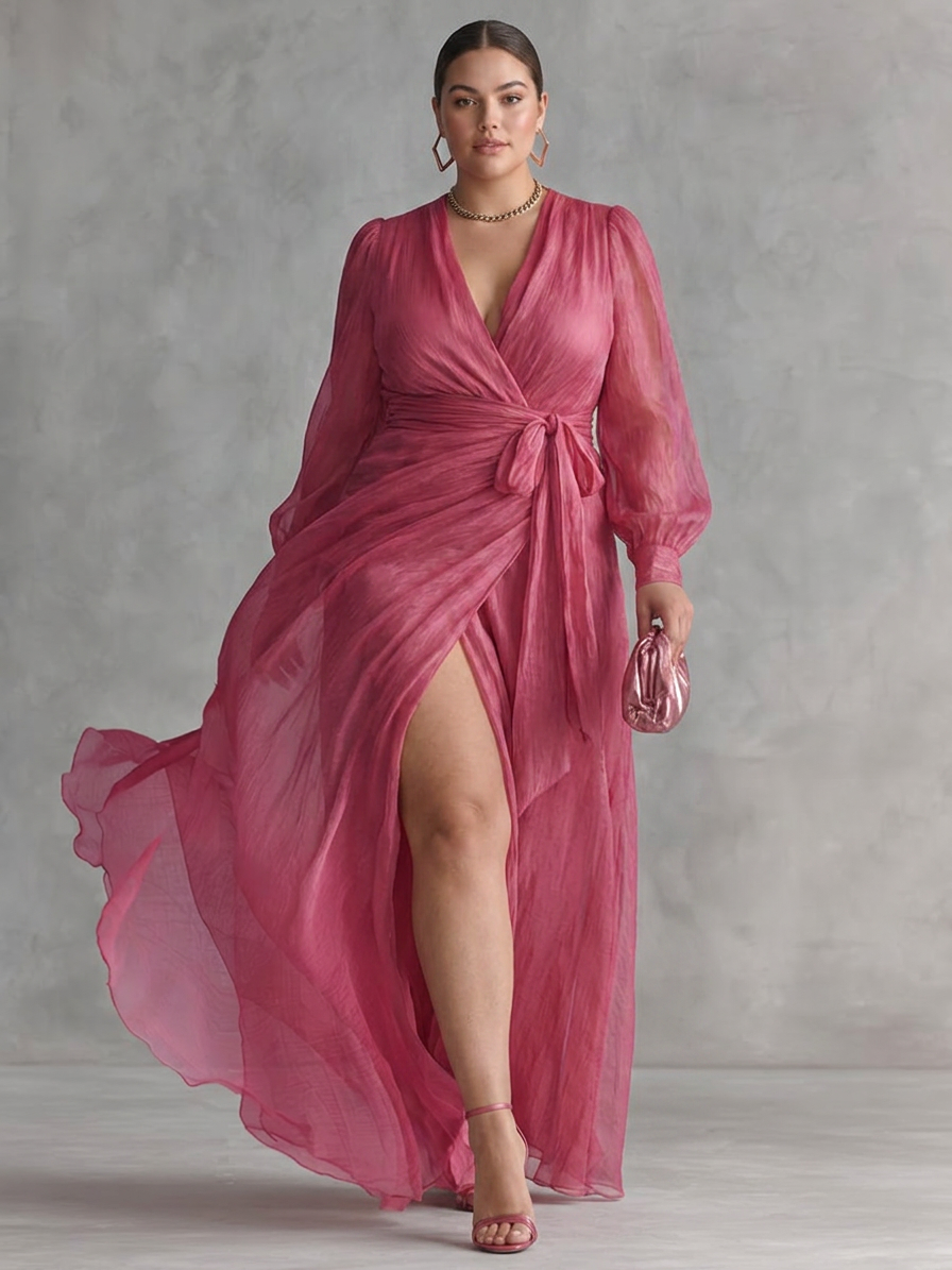 Beatrice | Elegant Chiffon V-neck Tie-waist Long Dress - Plus size model