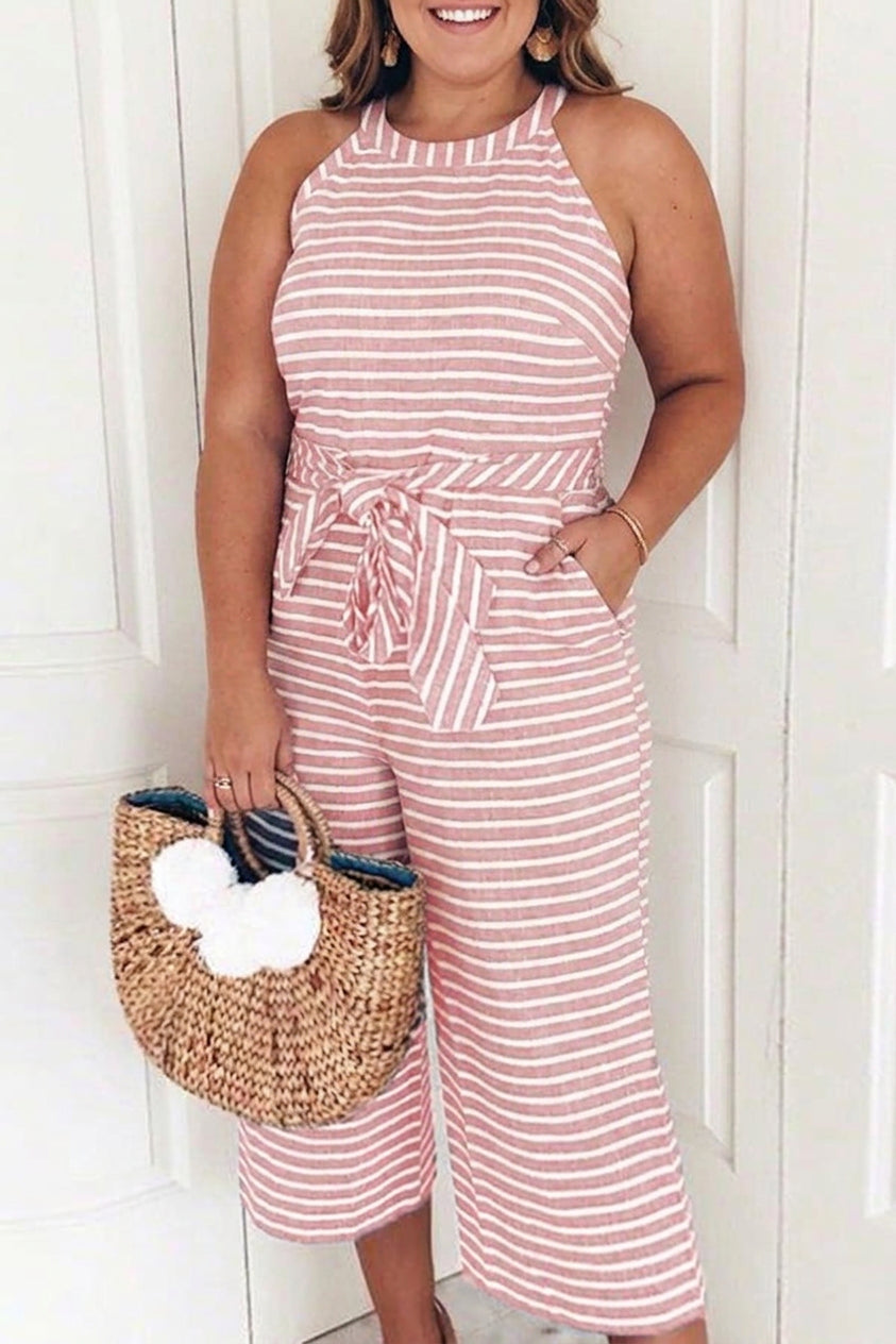 Ember - Pretty Striped Tie Waist Jumpsuit - Plus size model