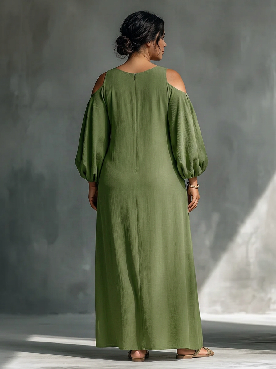 Anika | Green Off-Shoulder Puff Sleeve Maxi Dress - Plus size model