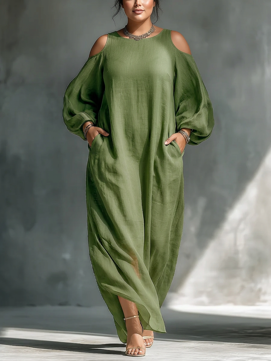 Anika | Green Off-Shoulder Puff Sleeve Maxi Dress - Plus size model